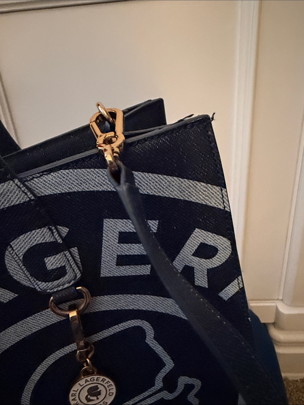 Karl Lagerfeld Navy and Light Blue Logo Tote with Charm - Picture 14 of 15